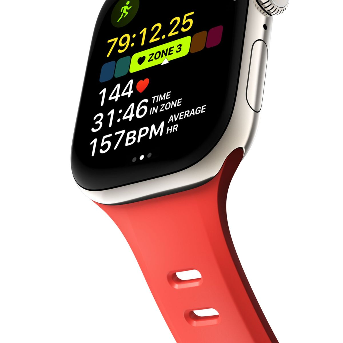 Uno smartwatch con cinturino rosso mostra dati allenamento: 79:12.25 tempo, Zona 3, 144 FC media, 31:46 tempo in zona.