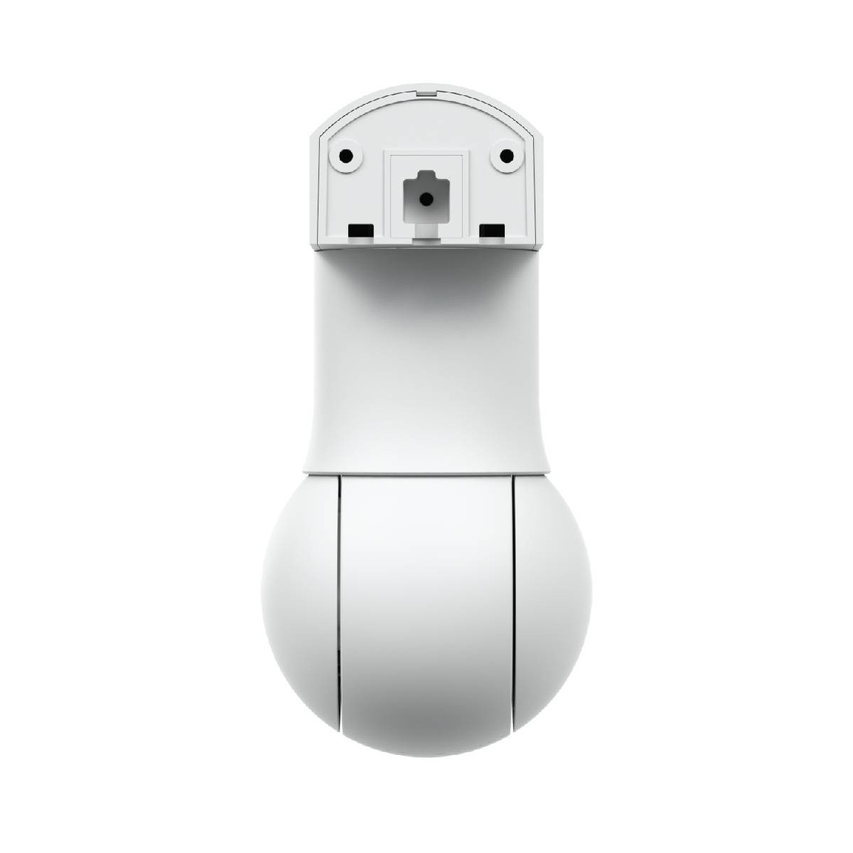 White security camera with a rounded spherical base and a rectangular mounting bracket.