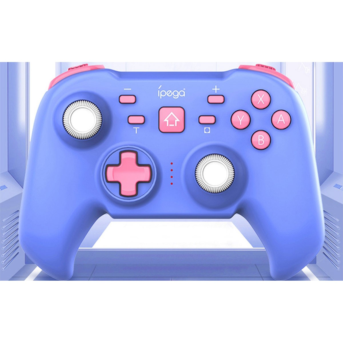 Un controller di gioco blu con pulsanti e joystick rosa, in un ambiente moderno.