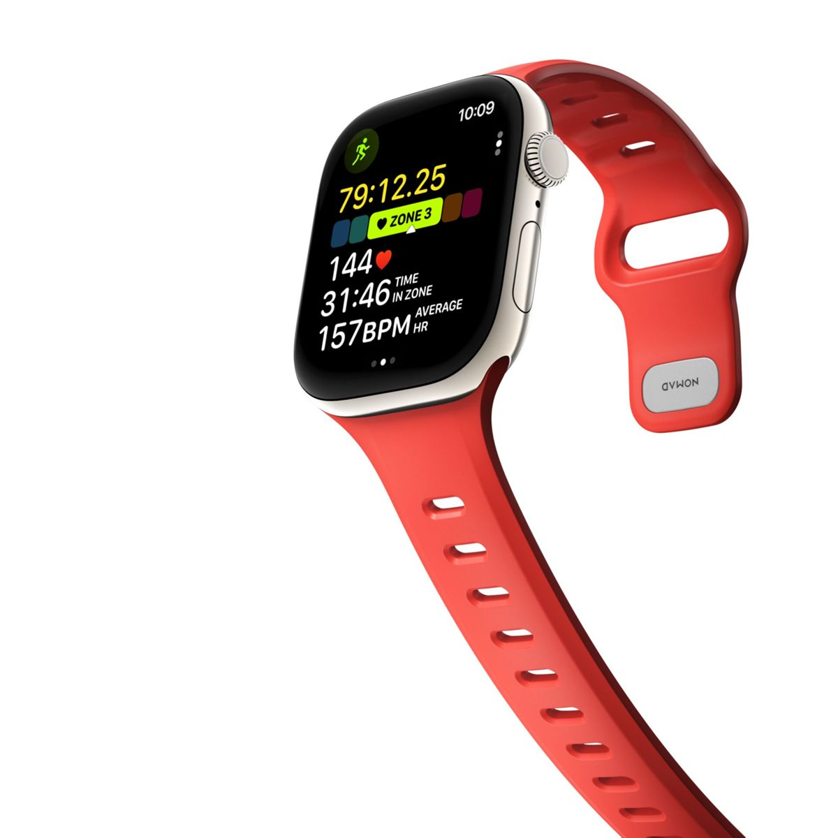Uno smartwatch rosso che mostra dati di allenamento.