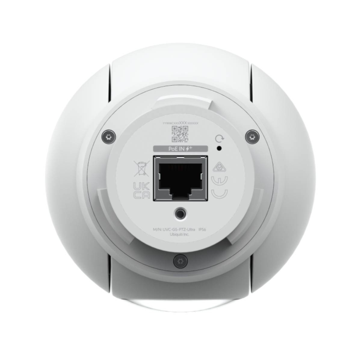 White Ubiquiti camera base with PoE IN port, UKCA and CE marks.