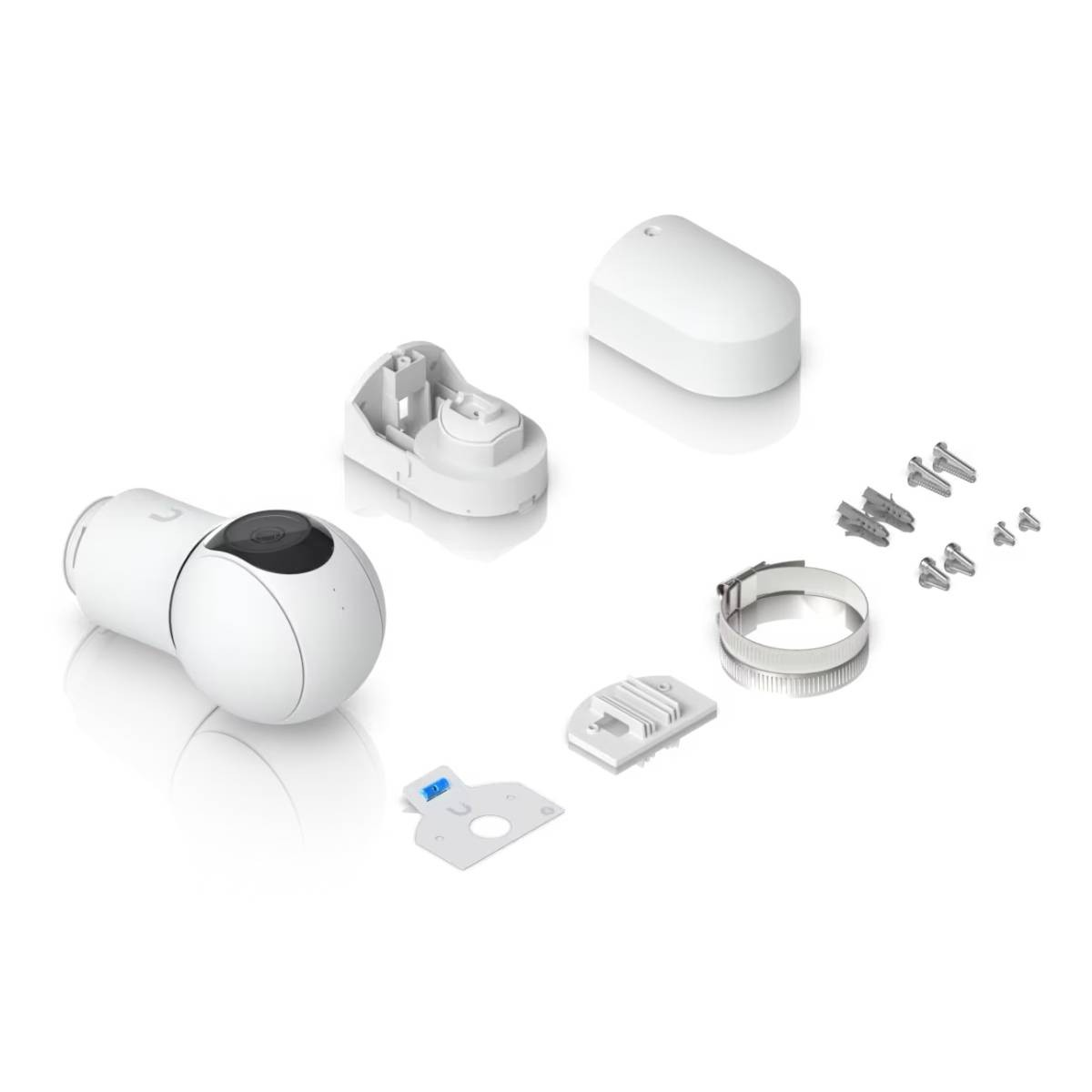 A white surveillance device with accessories, including a mount and screws.