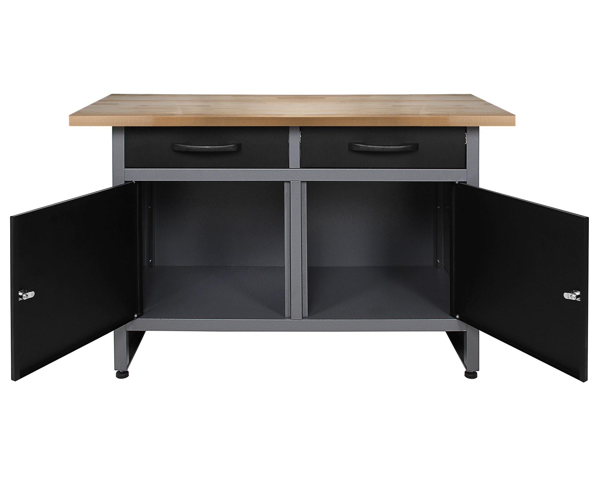 Ein grauer Metallschrank mit Holzplatte, zwei Schubladen und zwei offenen Schränken.