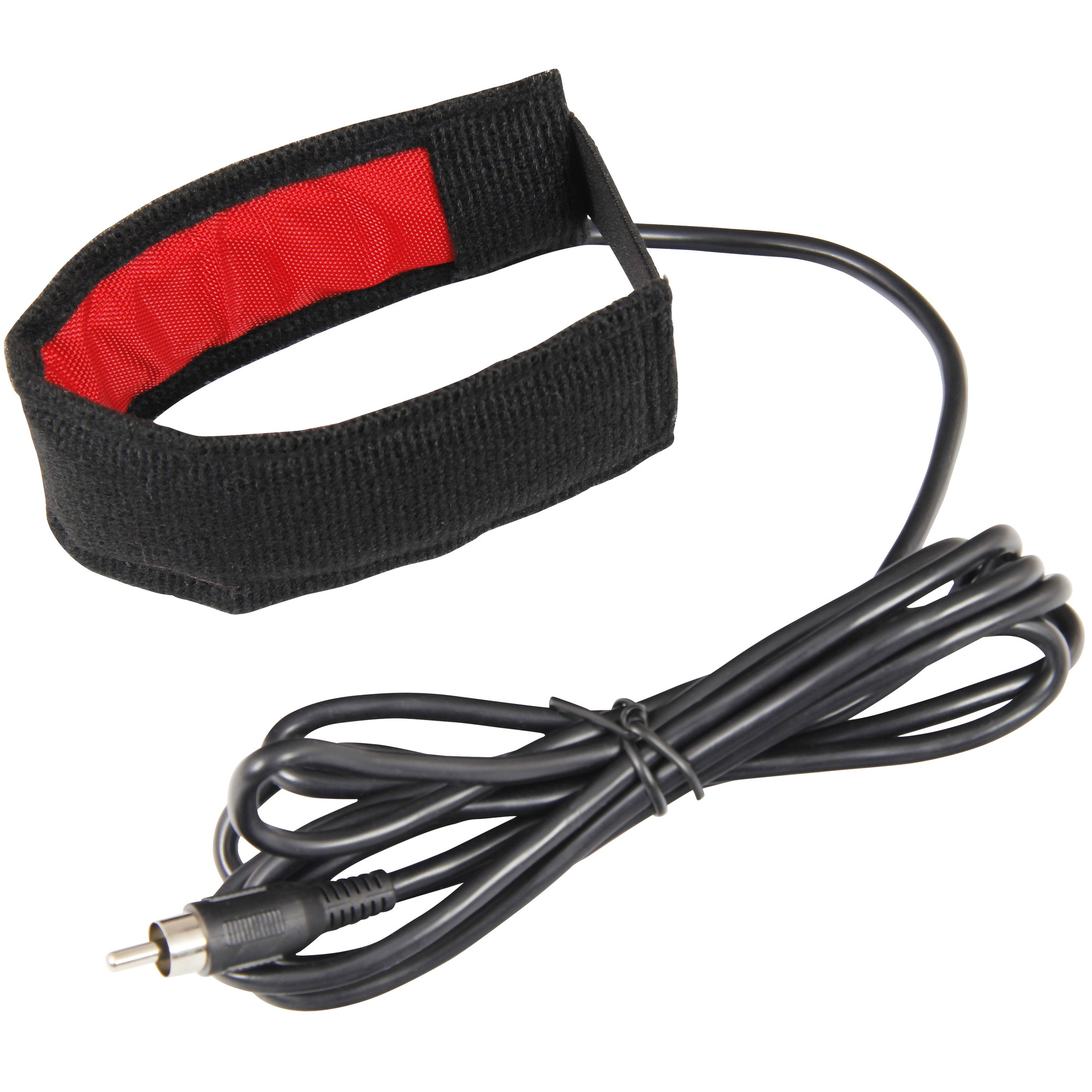 Schwarzes Kabel mit Cinch-Stecker und einem roten Stoffband mit schwarzem Klettverschluss.