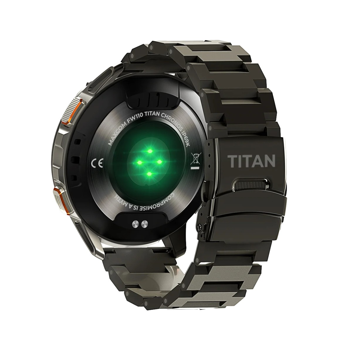 Czarny smartwatch Titan z metalową bransoletą. Tył pokazuje zielone czujniki tętna i tekst.