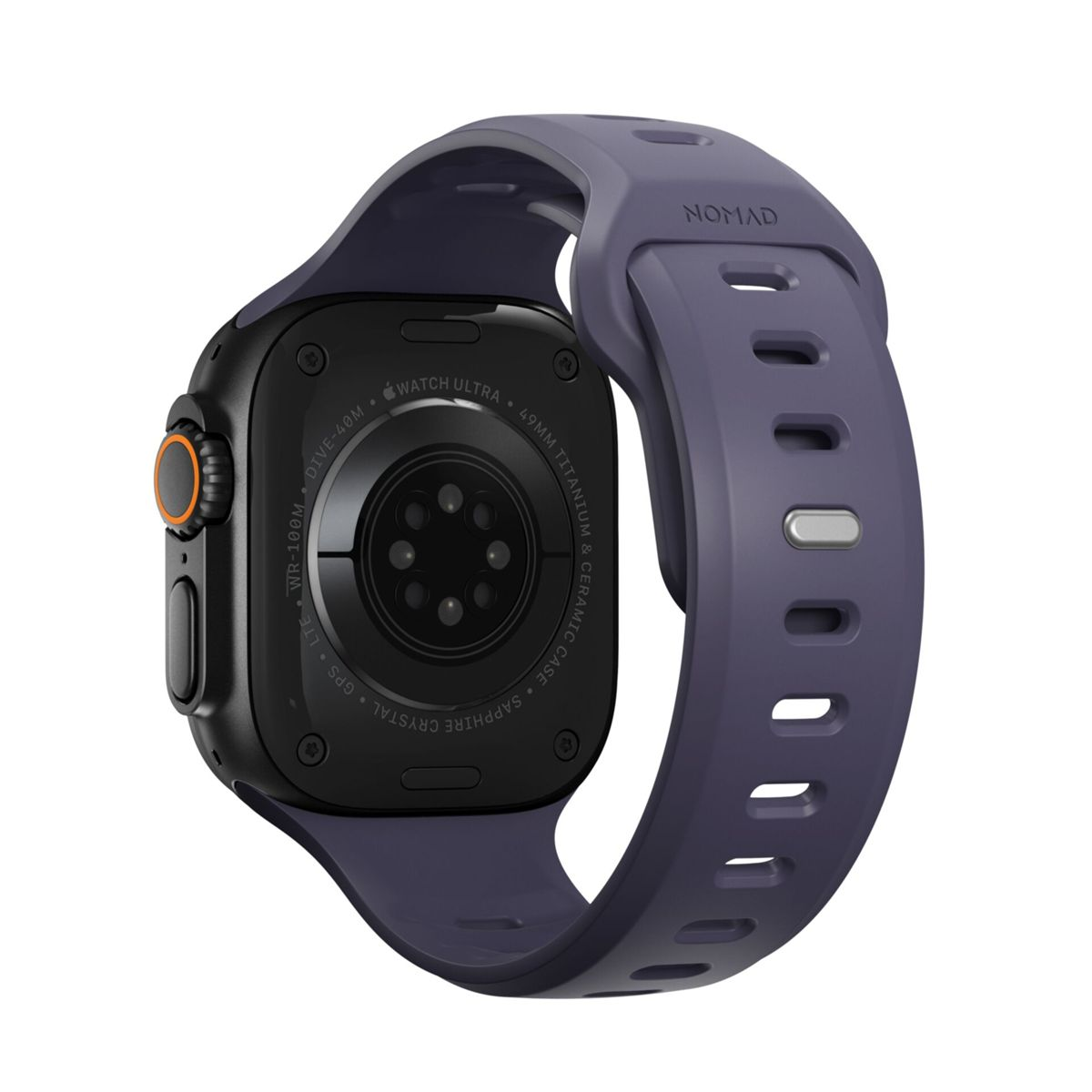 Fioletowa opaska Nomad do zegarka przyczepiona do czarnego Apple Watch Ultra z pomarańczowym przyciskiem.
