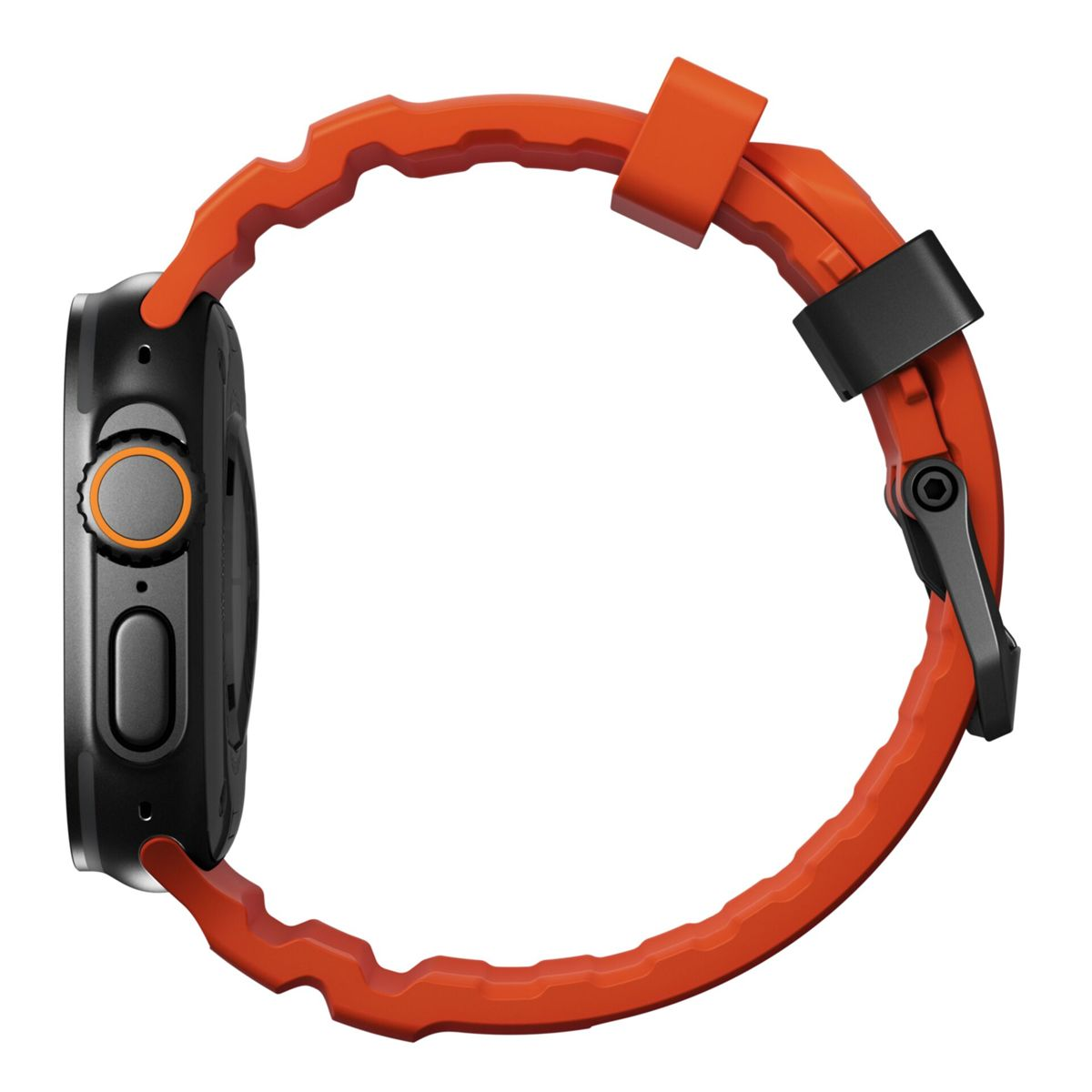 Czarny smartwatch z pomarańczowym paskiem i czarną klamrą, widok z boku.