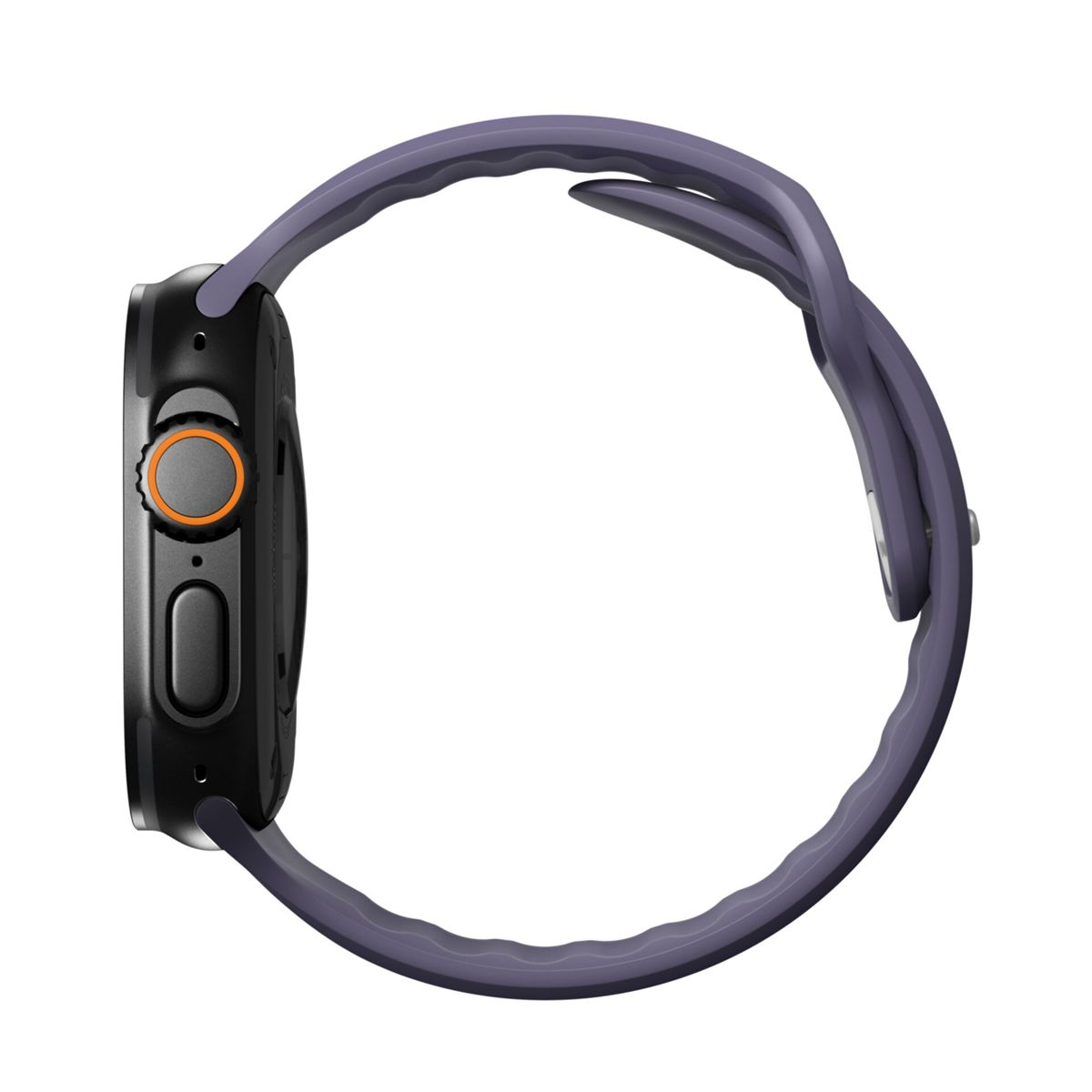 Szaroniebieski smartwatch z czarną obudową i pomarańczową koroną.