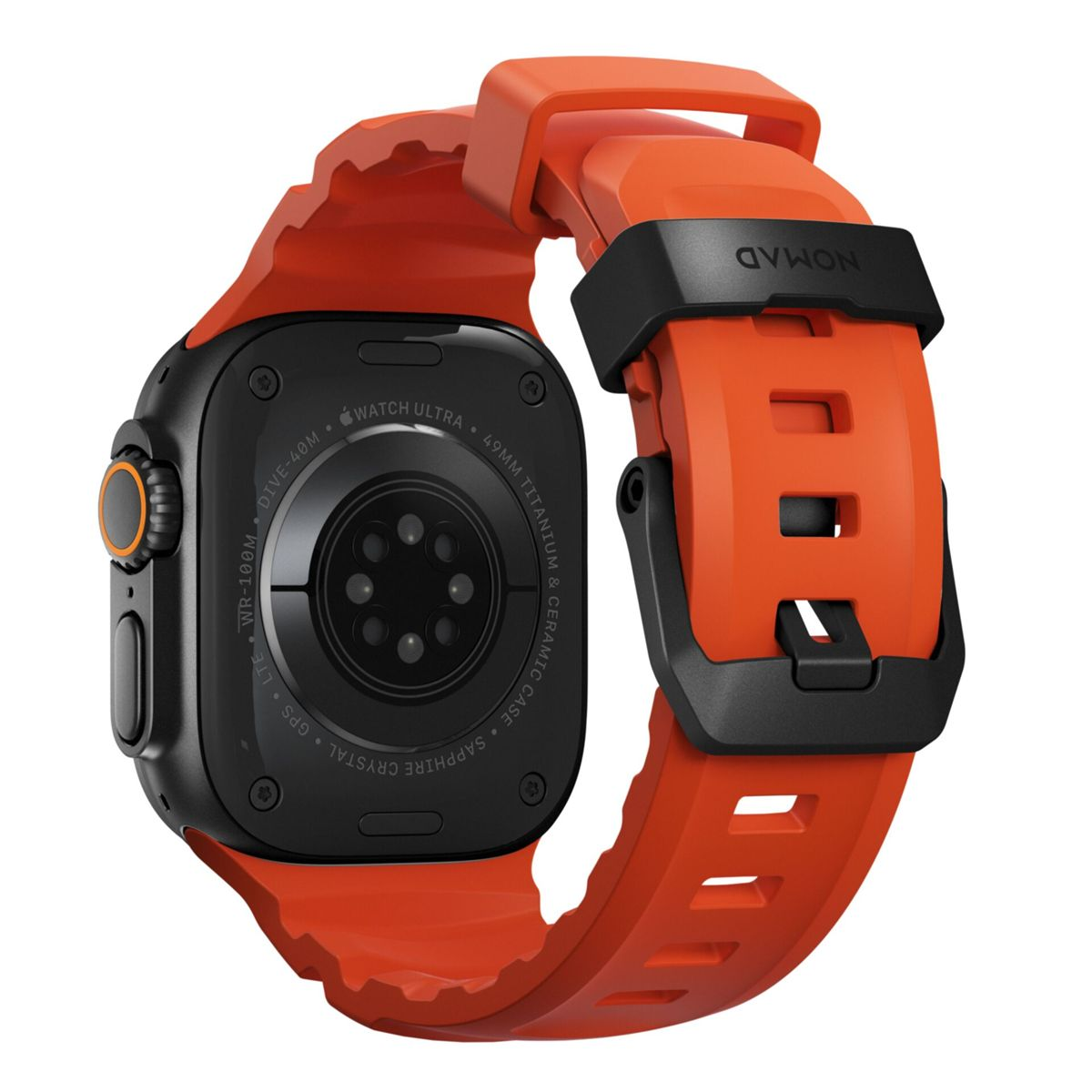 Czarny Apple Watch Ultra z pomarańczowym paskiem Nomad. Widok z tyłu z czujnikami.
