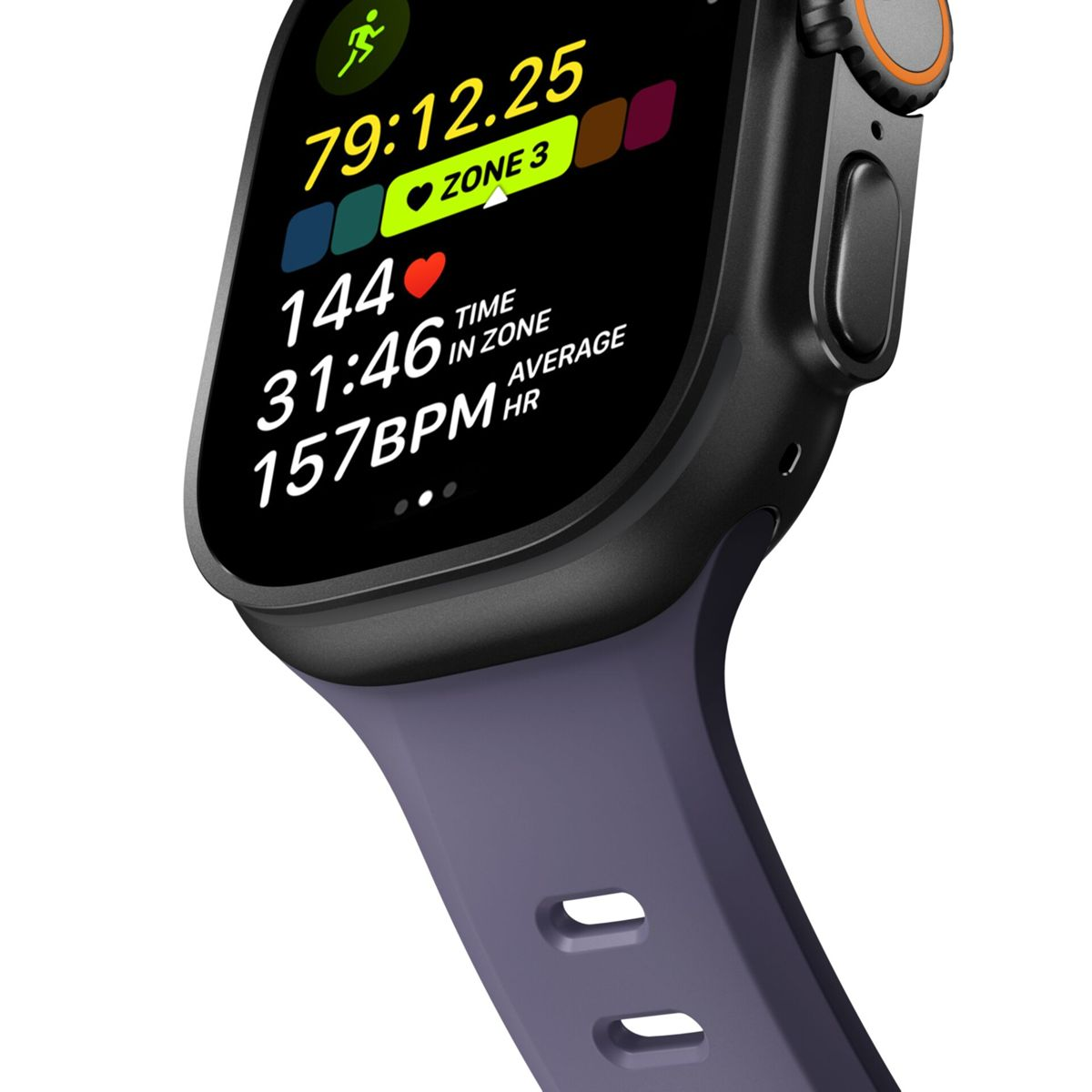 Smartwatch wyświetla dane treningowe: 79:12:25 czas, Strefa 3, 144 średnie tętno.