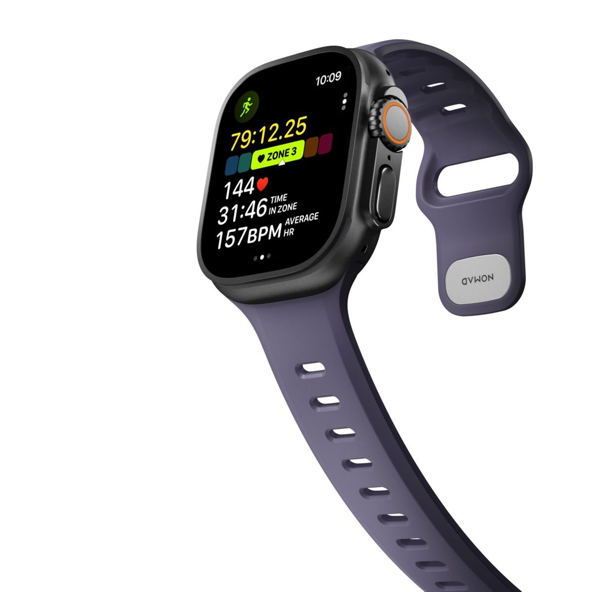 Zegarek smartwatch z fioletową opaską wyświetlający statystyki treningu.