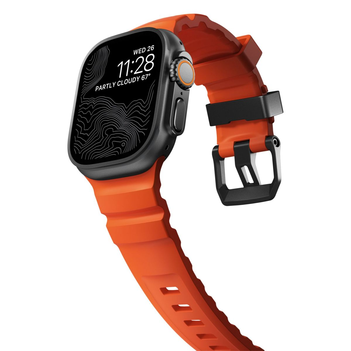 Czarny smartwatch z pomarańczową bransoletą pokazuje 11:28, Śr 26, częściowo pochmurno 67°.