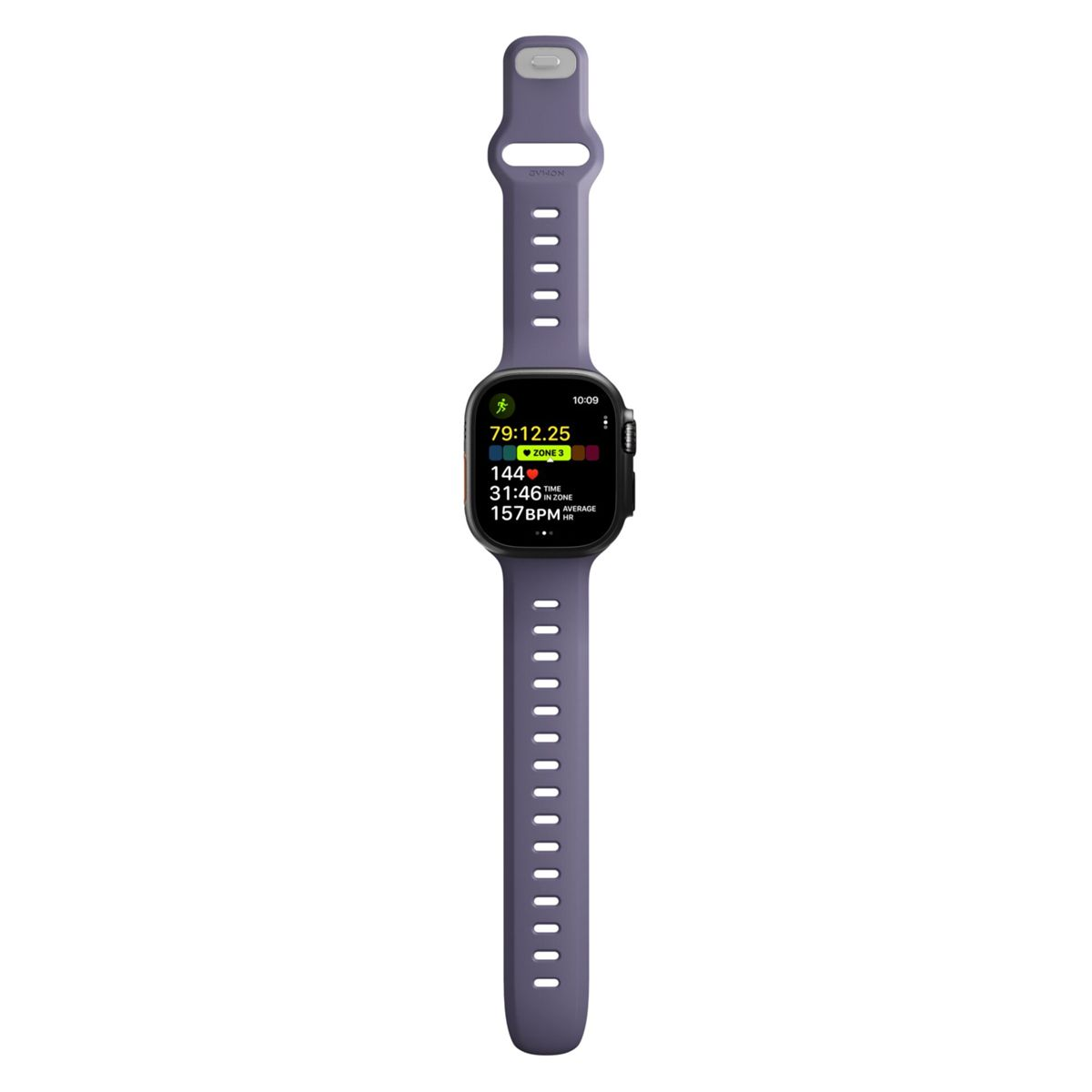 Fioletowy smartwatch wyświetla dane treningowe: 79:12:25, Strefa 3, 144 bpm, 31:46 czas w strefie, 157 bpm śr.