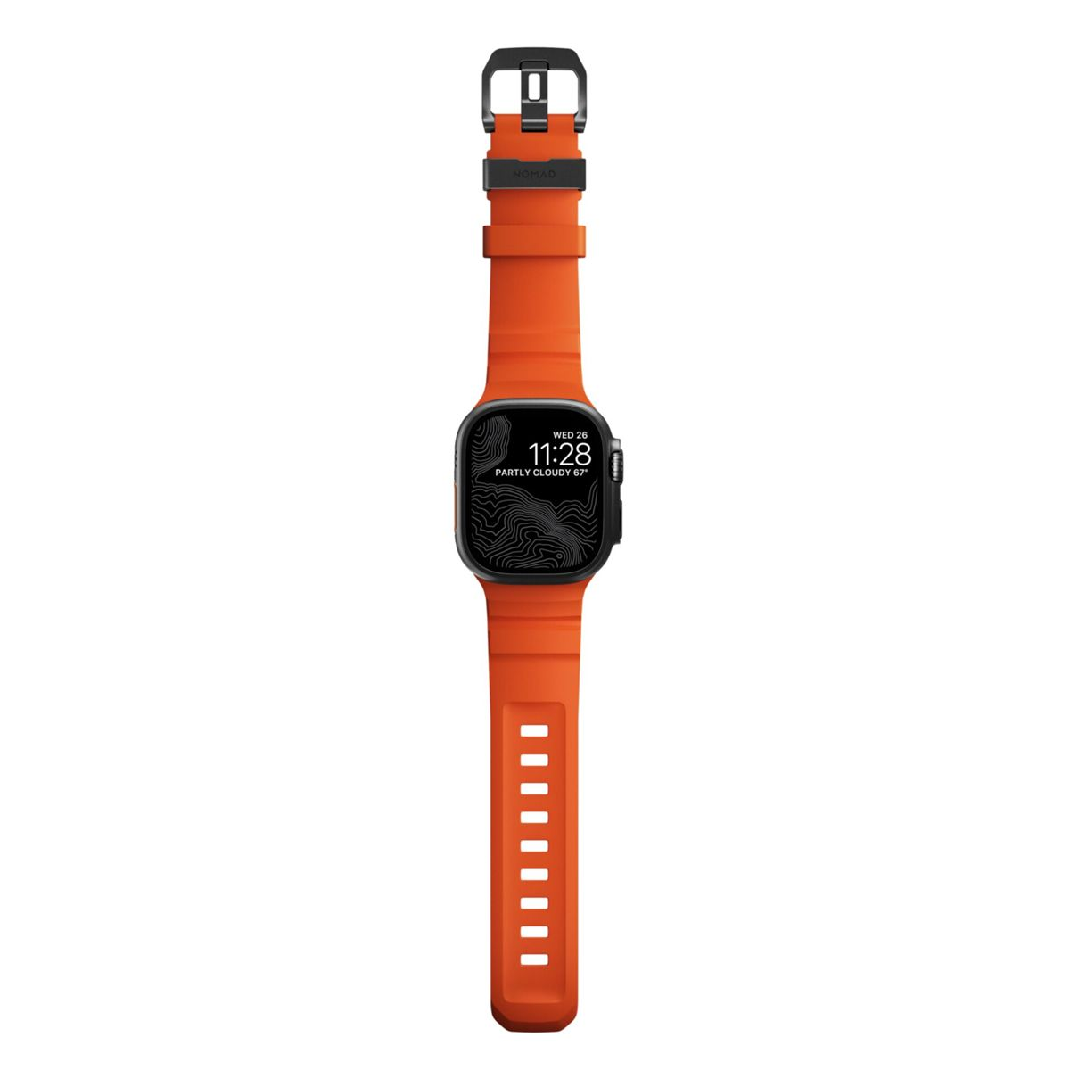 Pomarańczowy smartwatch z czarną klamrą i czarnym ekranem wyświetlającym czas i pogodę.