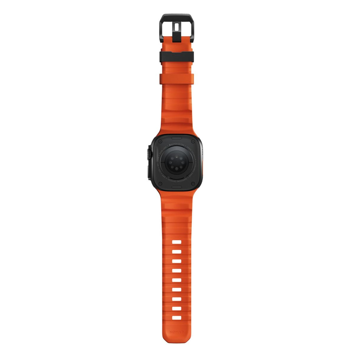 Pomarańczowy smartwatch z czarną klamrą i prążkowaną bransoletą.