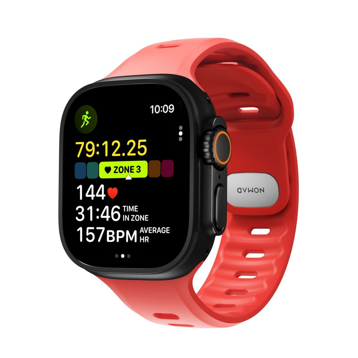 Un reloj inteligente rojo muestra estadísticas de entrenamiento: 79:12,25, Zona 3, 144 LPM, 31:46 en zona, 157 LPM promedio.
