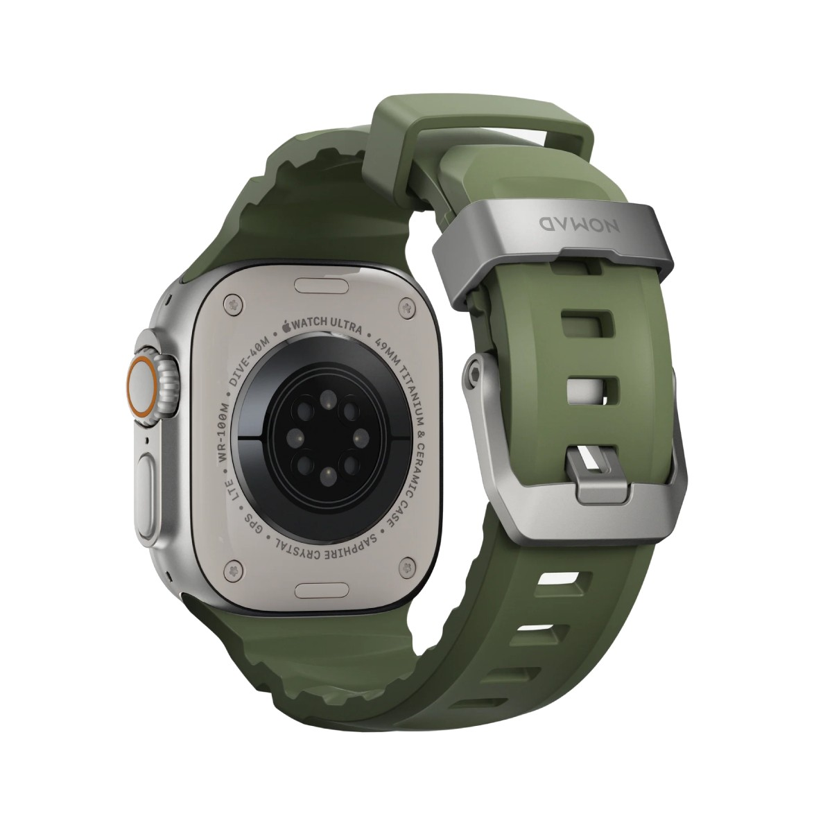 Zielony pasek Nomad jest przymocowany do srebrnego Apple Watch Ultra, widoczny jest tył.