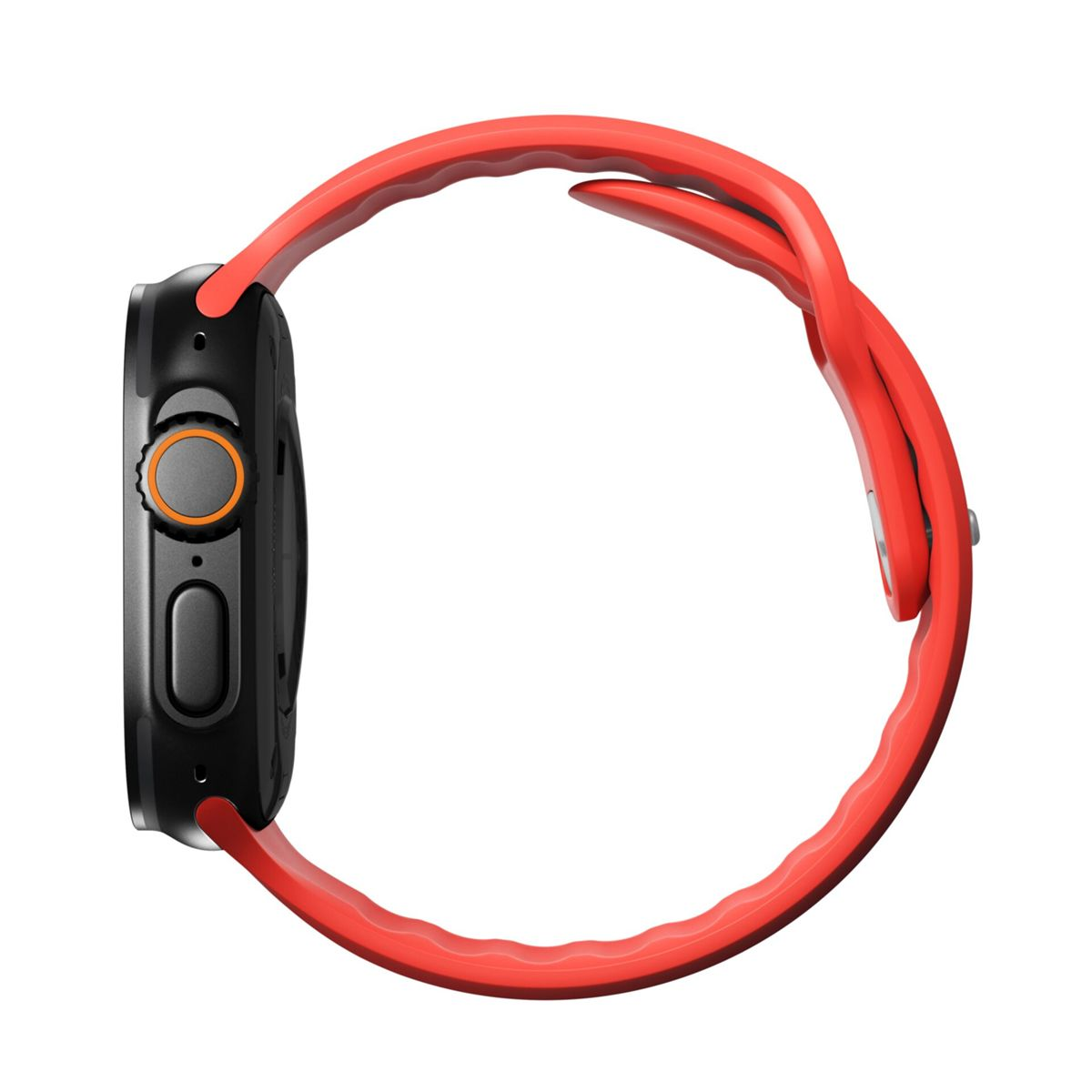 Un reloj inteligente negro con esfera naranja y correa roja.
