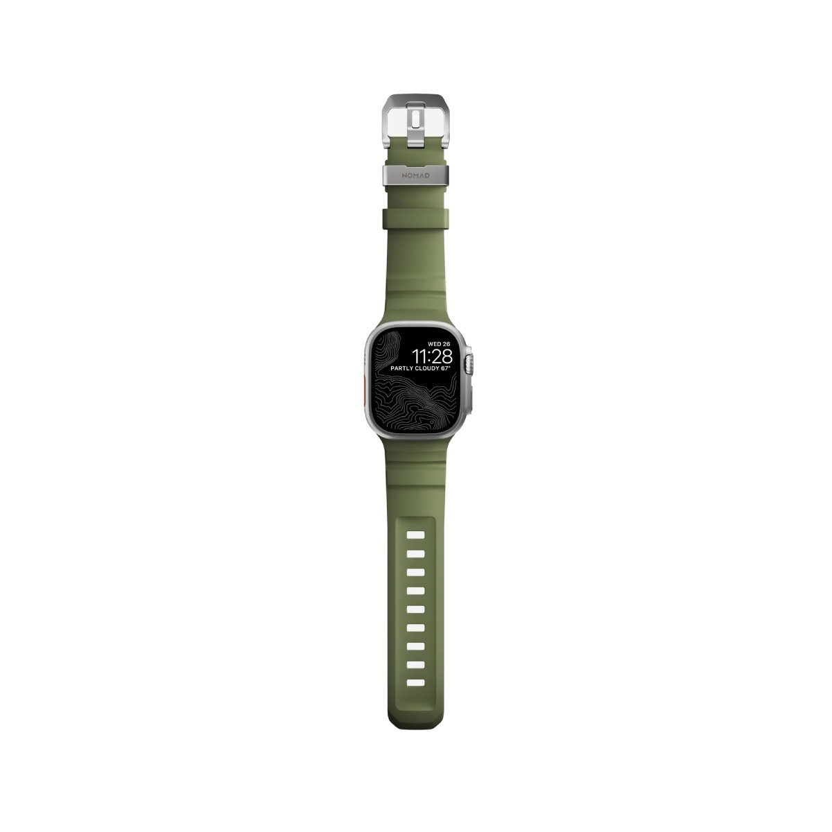 Zielony Apple Watch ze srebrną klamrą i topograficzną tarczą.