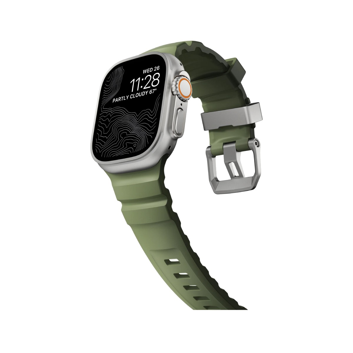 Srebrny smartwatch z zielonym paskiem, pokazuje 11:28 i pogodę.