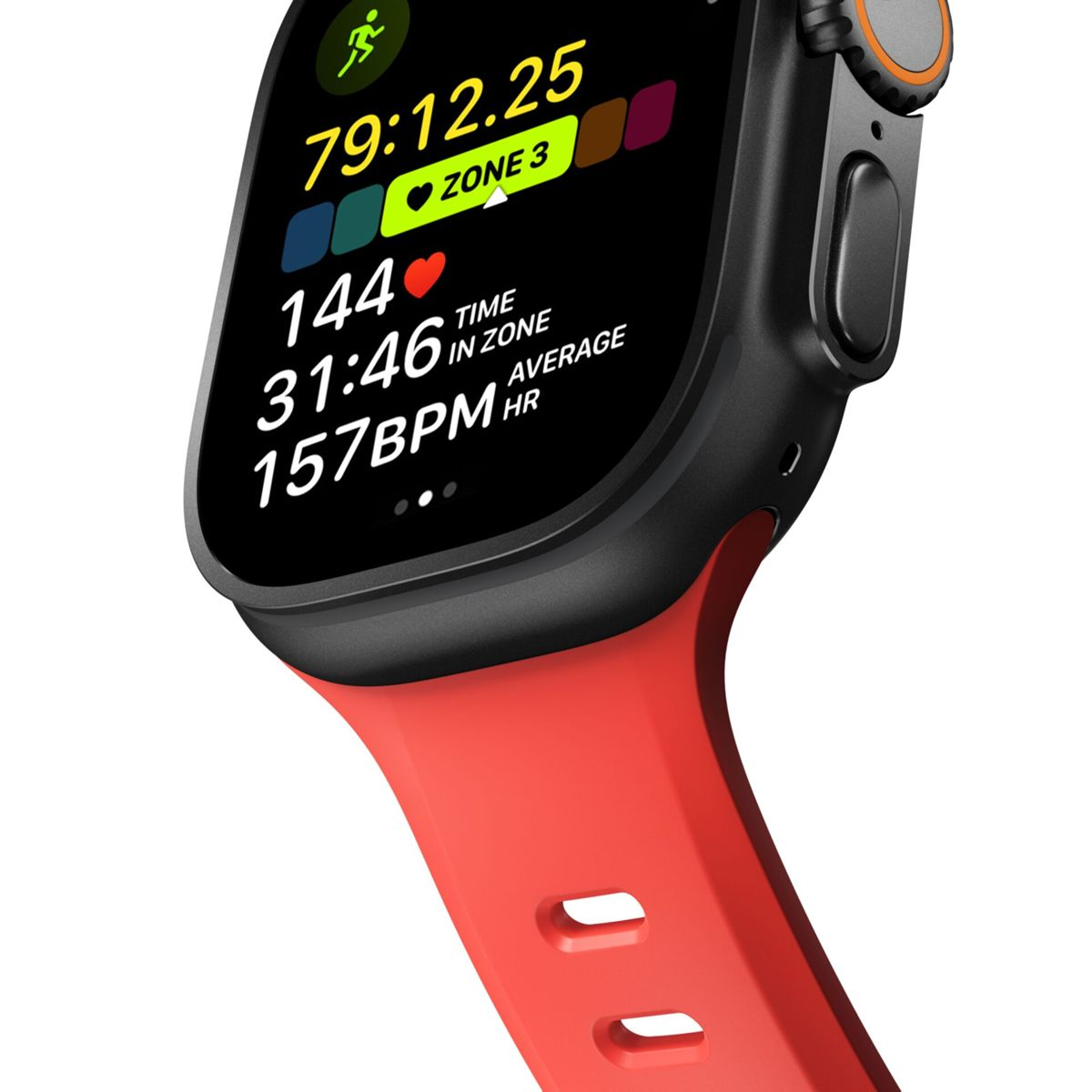 Primer plano de un smartwatch negro con banda roja, mostrando estadísticas de fitness como hora, ritmo cardíaco y zona.
