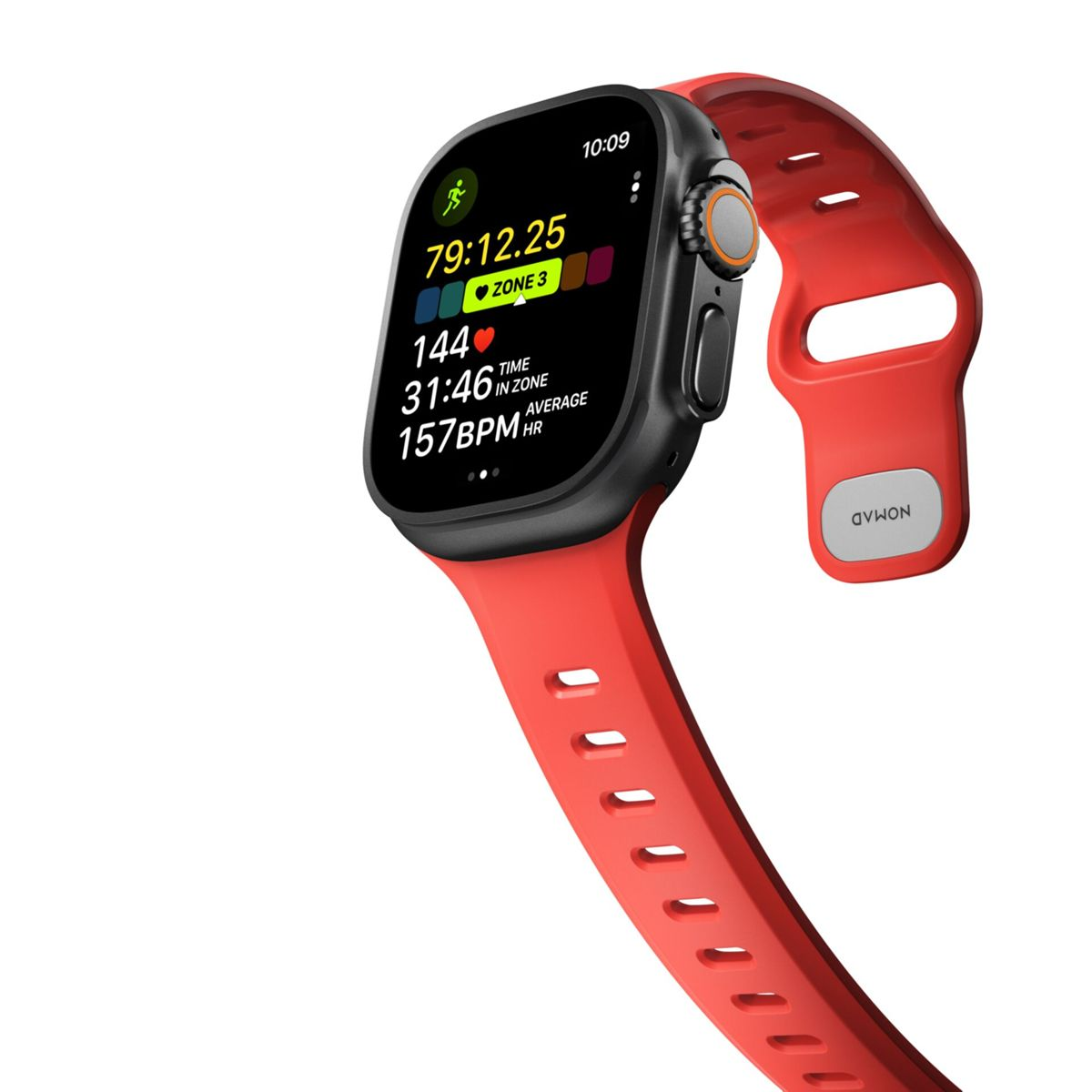 Un reloj inteligente rojo con carcasa negra, mostrando pantalla de entrenamiento.