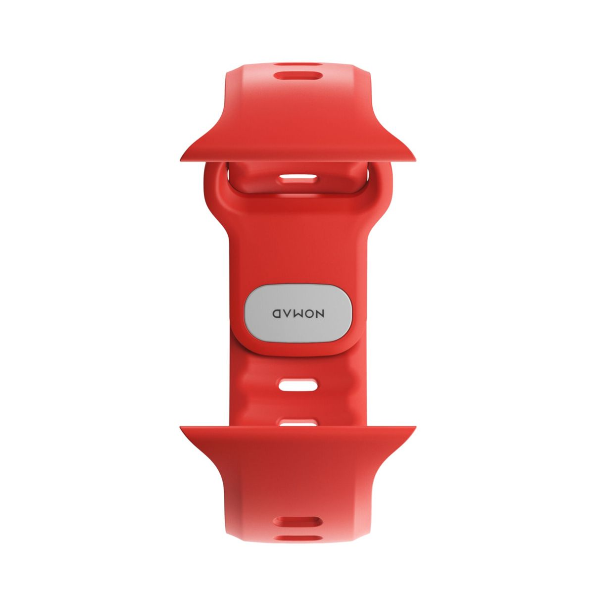 Una correa de reloj roja con un logo ovalado gris que dice NOMAD.