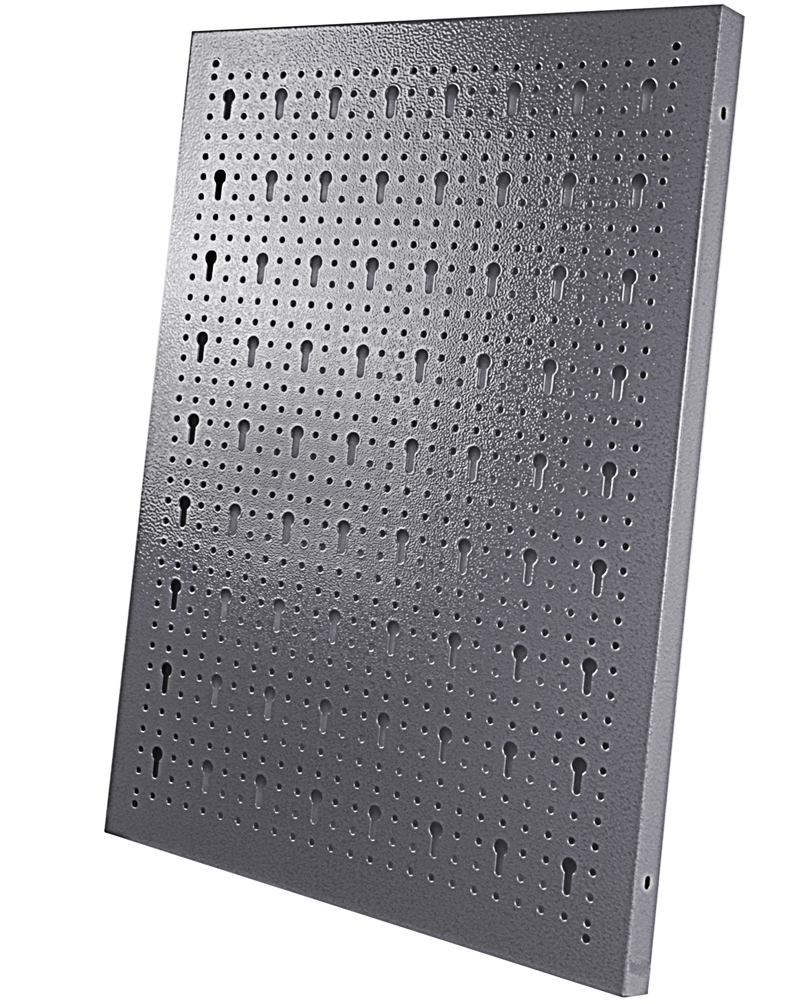 Eine graue Lochwand mit vielen kleinen Löchern und größeren Schlüssellochschlitzen.
