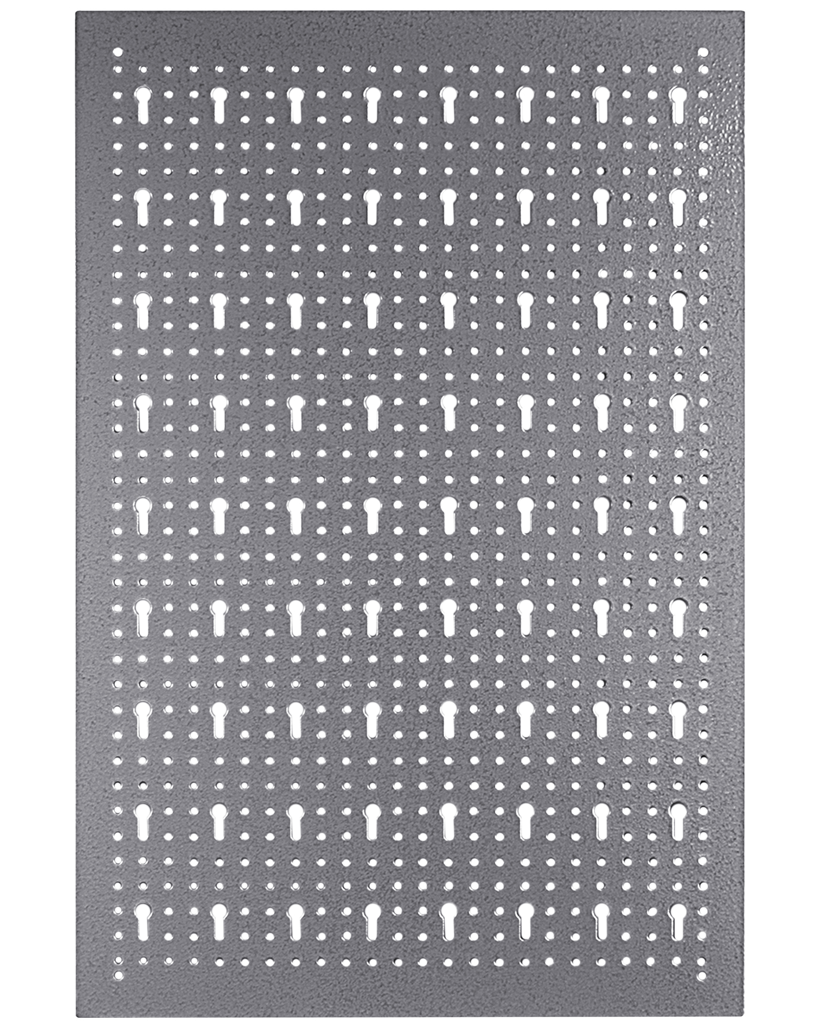 Eine graue Lochwand mit Reihen von runden und schlüssellochförmigen Löchern.