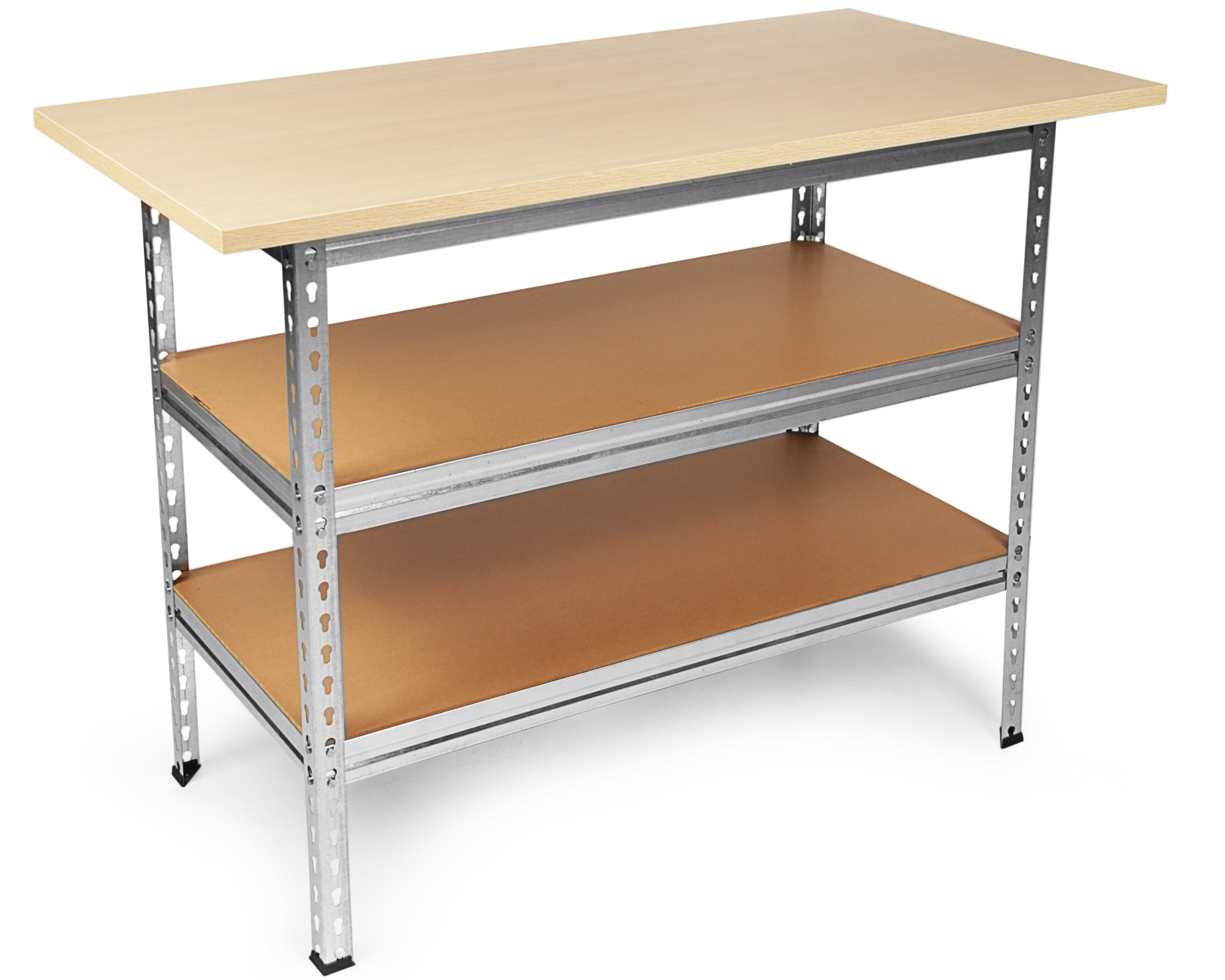 Ein heller Holztisch mit zwei Ablagen auf Metallbeinen.
