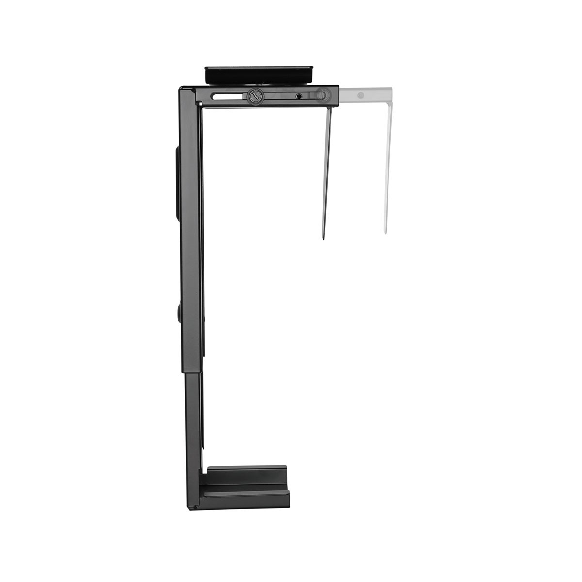 Un supporto metallico nero per un computer, fissato a un bordo.