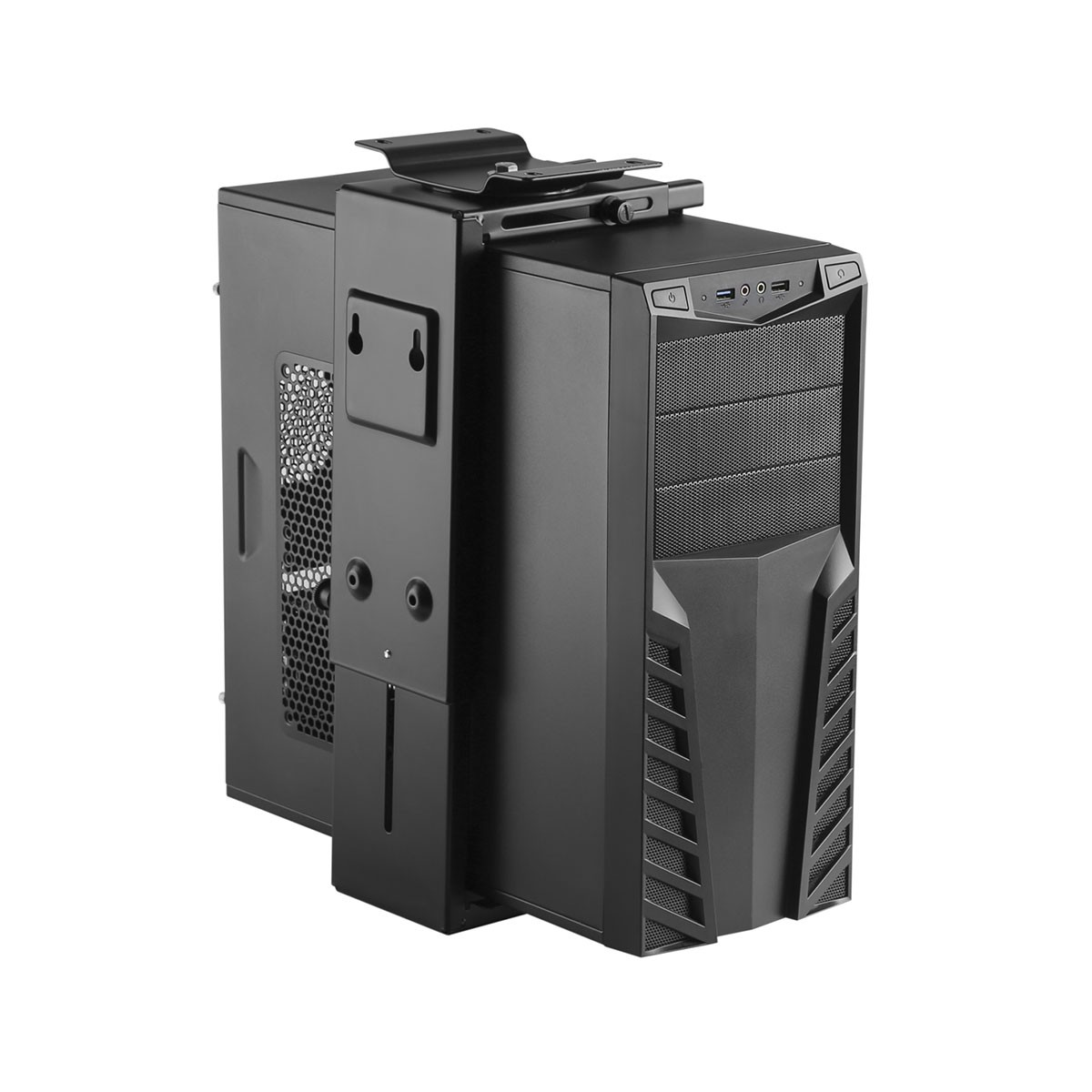 Una torre PC nera con una staffa metallica attaccata sopra e di lato.