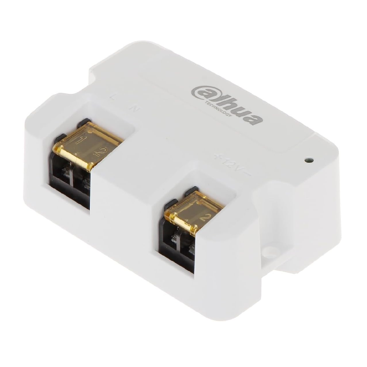 Adaptador de corriente Dahua blanco con dos conectores dorados etiquetados L, N y +12V.