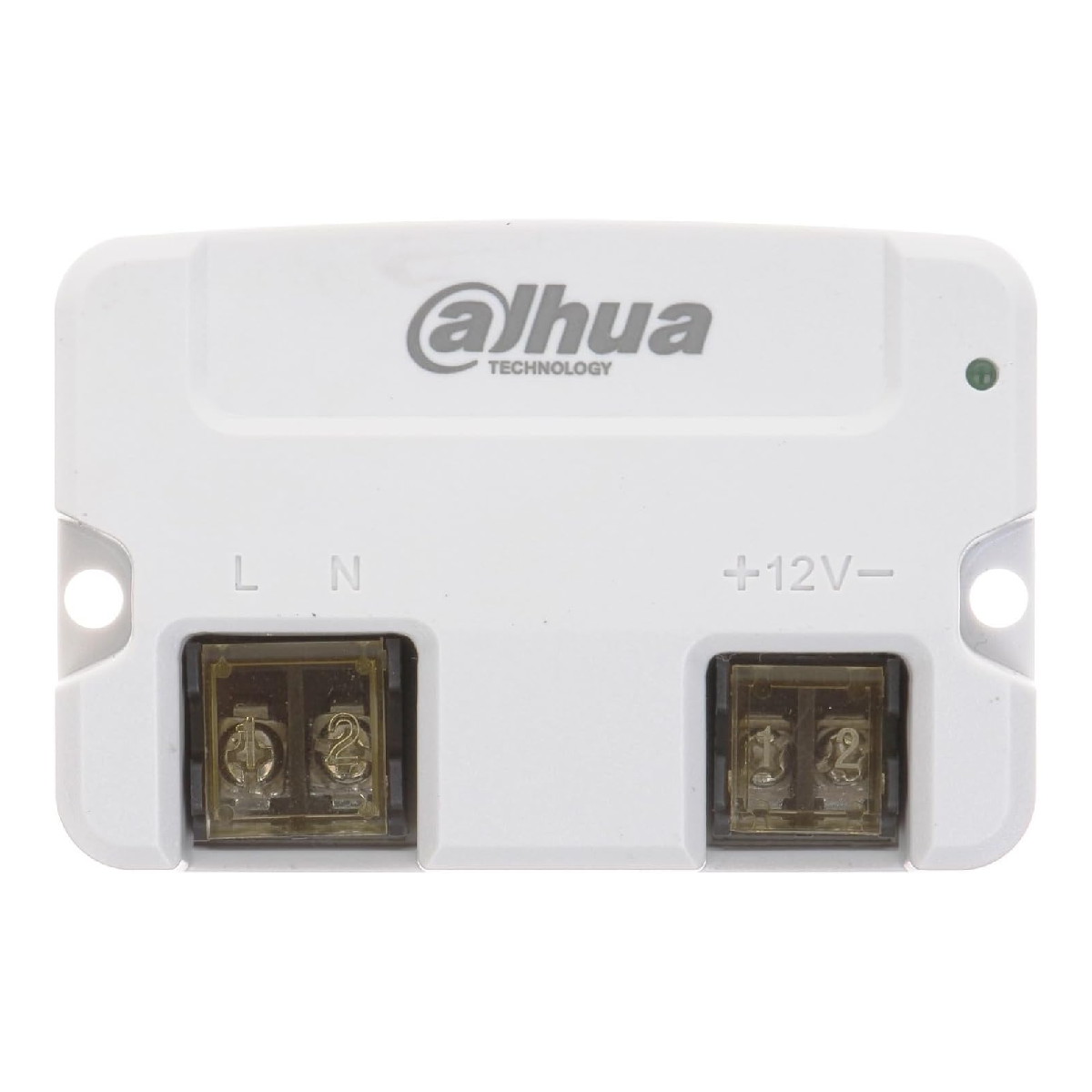 Adaptador de corriente blanco Dahua Technology con terminales L, N y +12V.