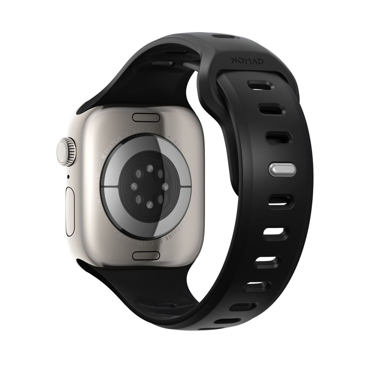 Srebrny smartwatch z czarną bransoletą, widok z tyłu, pokazujący czujniki i logo 'NOMAD'.