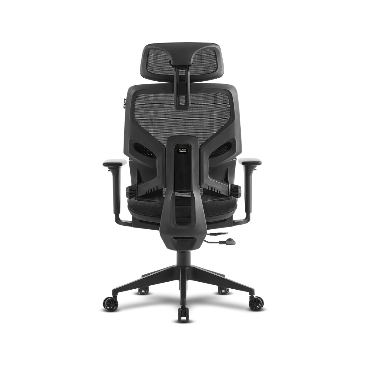 Sedia da ufficio ergonomica nera con schienale in rete e poggiatesta, vista posteriore.