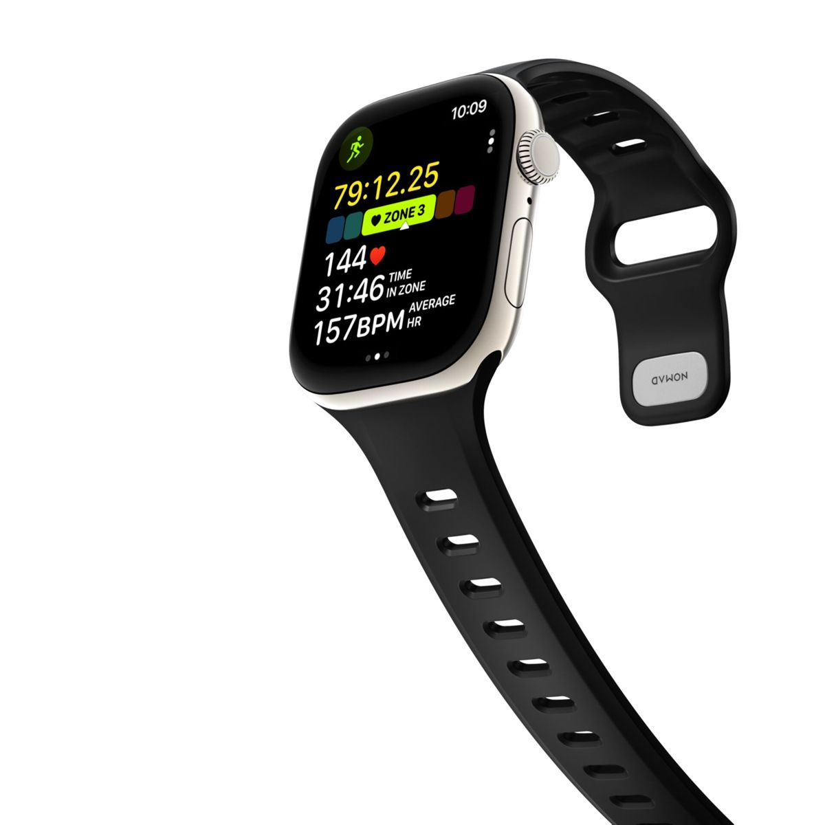 Smartwatch wyświetla dane treningowe: 79:12,25 czas, Strefa 3, 144 tętno, 31:46 w strefie, 157 BPM śr.