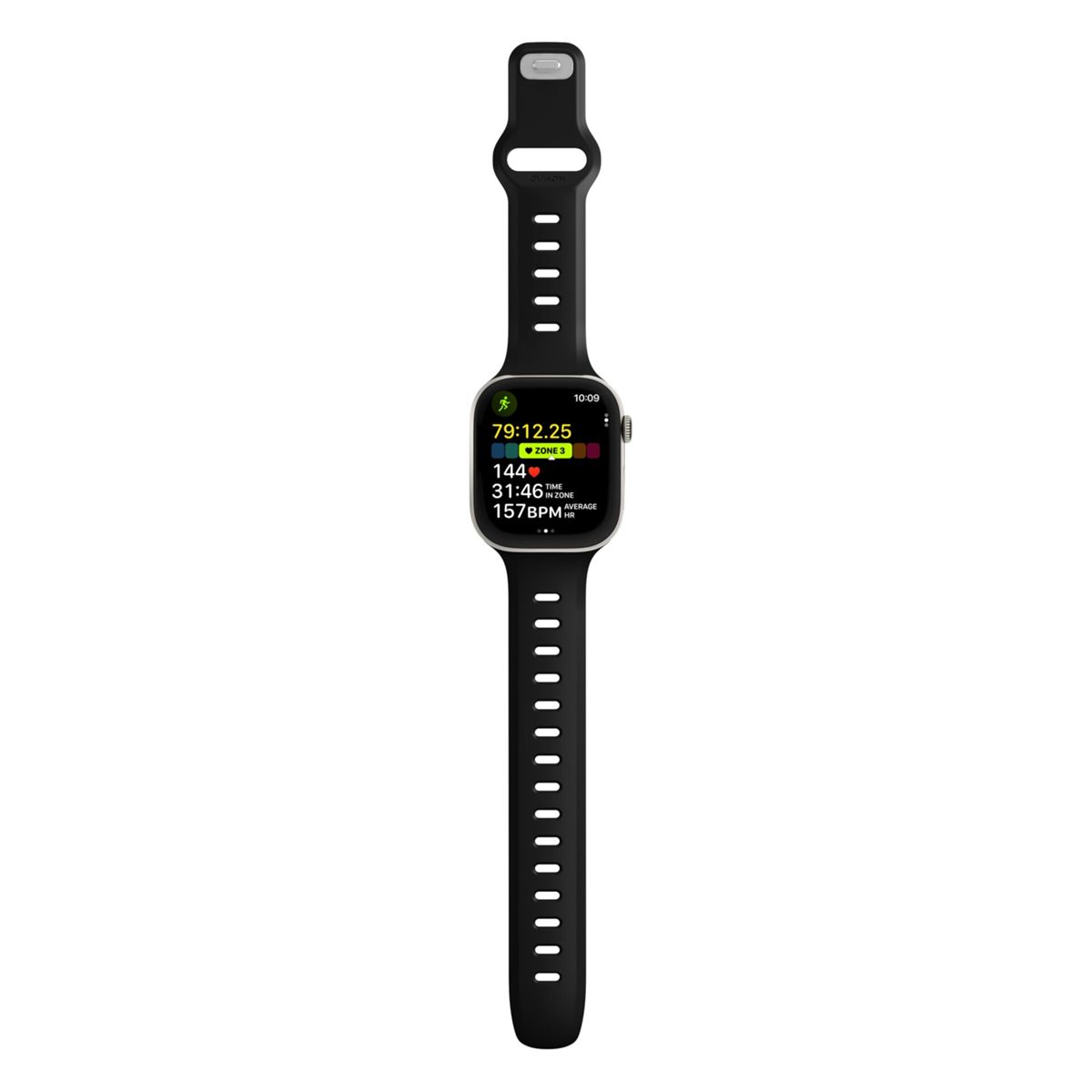 Czarny smartwatch z ekranem do śledzenia kondycji pokazującym tętno i czas.