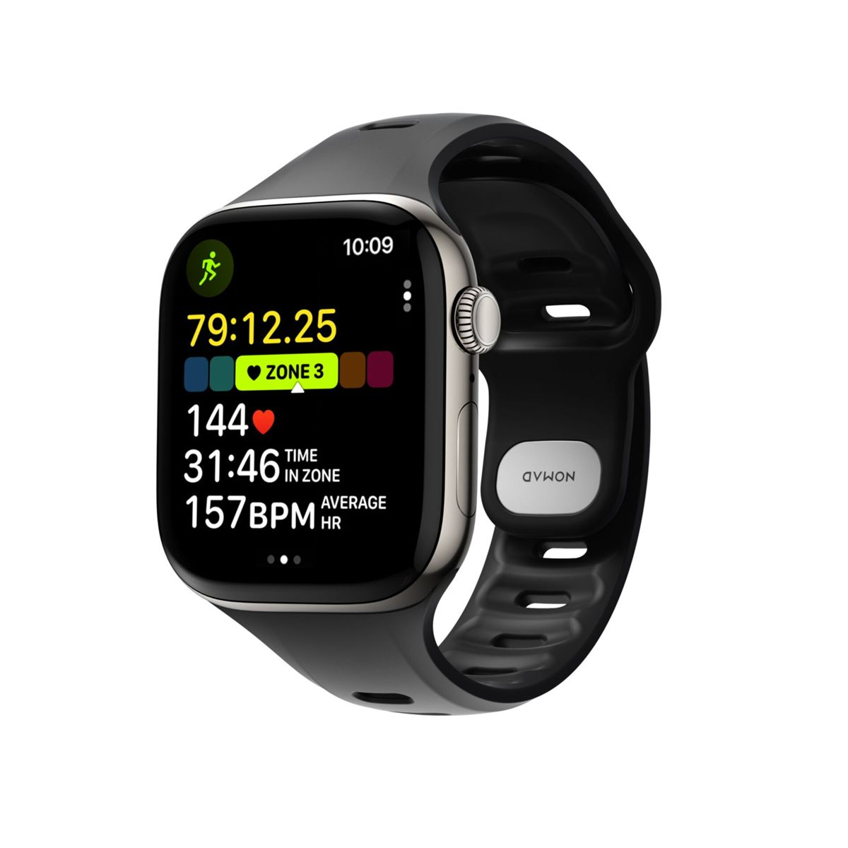 Uno smartwatch argentato con cinturino nero mostra statistiche: 79:12.25, Zona 3, 144, 31:46, 157 BPM.