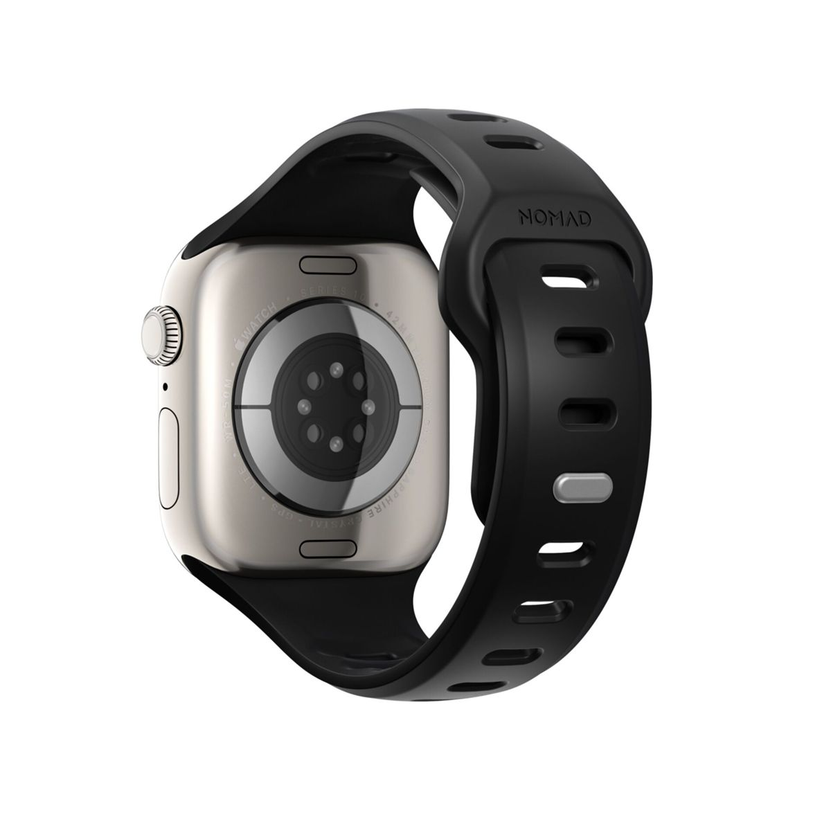 Apple Watch argentata con cinturino Nomad nero, vista posteriore. Sfondo bianco.
