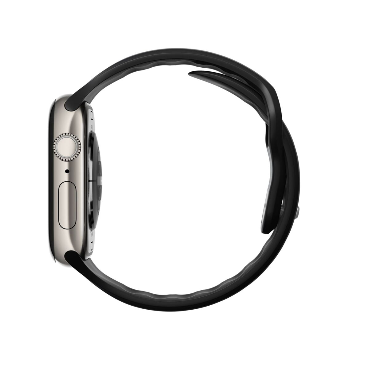 Smartwatch argentata con cinturino nero, vista di lato.