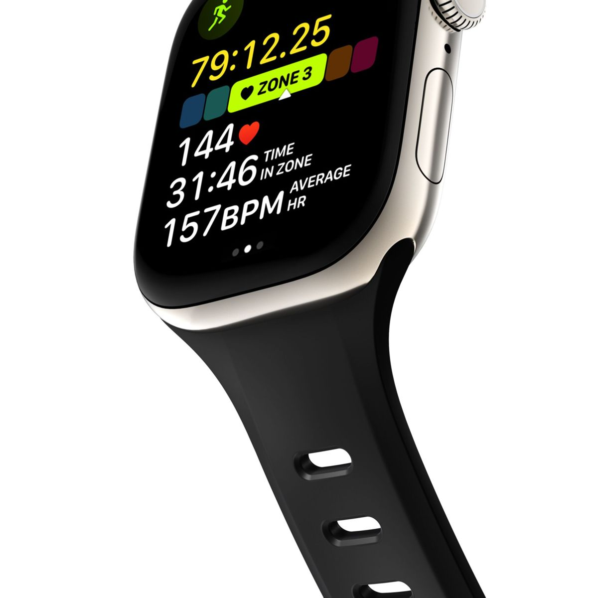 Uno smartwatch mostra statistiche di allenamento: 79:12.25 tempo, Zona 3, 144 BPM, 31:46 in zona, 157 BPM medio.