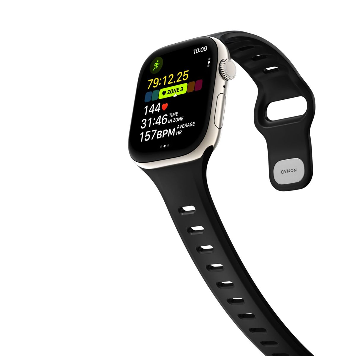 Un Apple Watch nero con cassa argentata mostra statistiche allenamento: 79:12.25 tempo, Zona 3, 144 bpm, 31:46 tempo in zona.