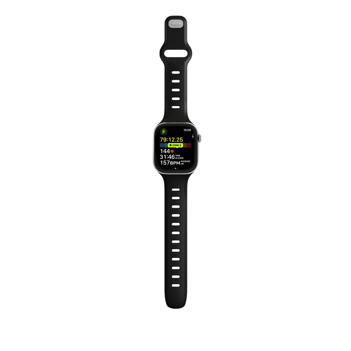 Uno smartwatch nero che visualizza uno schermo di attività che mostra battito cardiaco e ora.