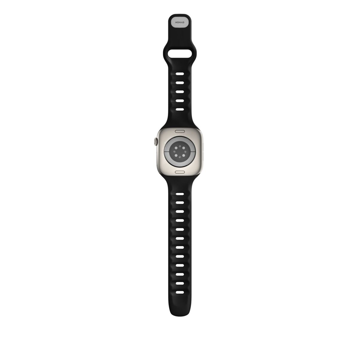 Vista posteriore di uno smartwatch argentato con cinturino nero in silicone e logo Nomad.