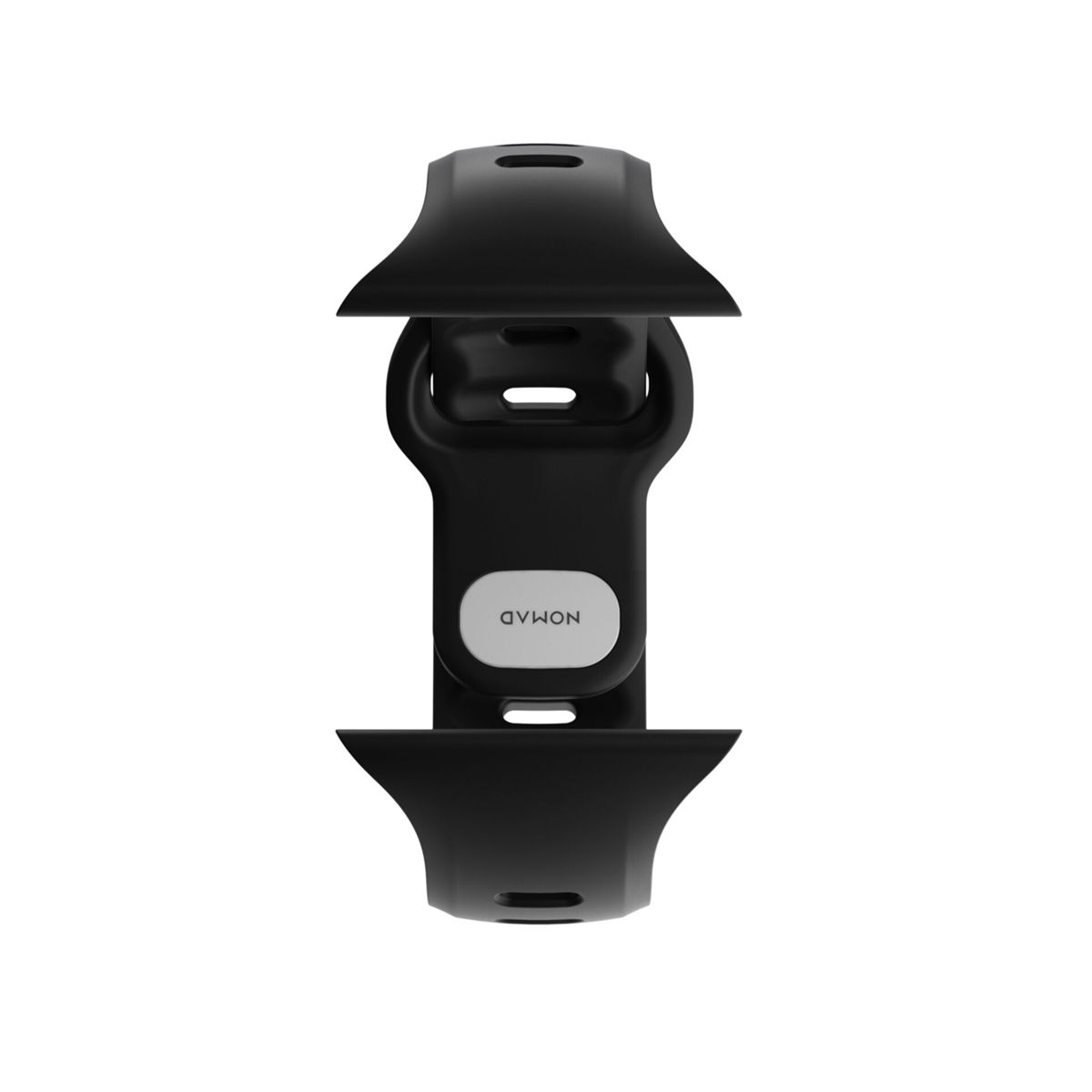 Un porta cinturino per orologio Nomad nero con logo argentato.