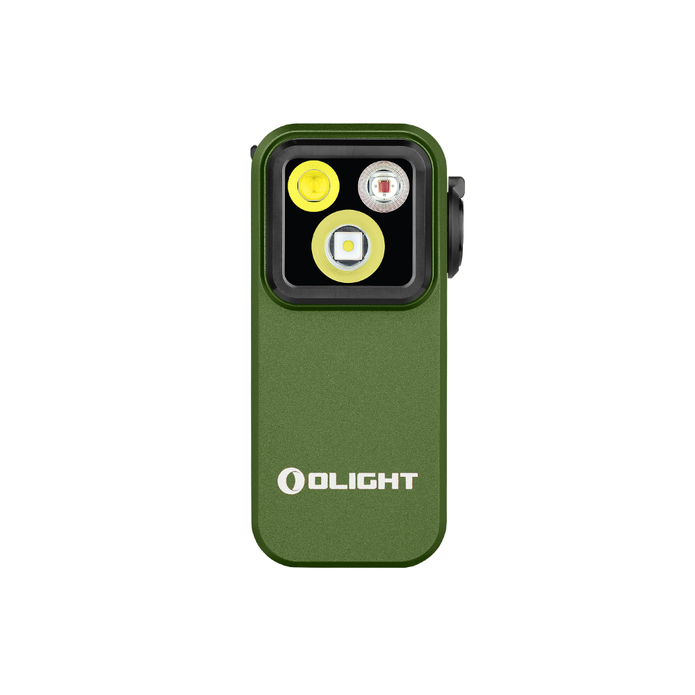 Eine grüne Olight-Taschenlampe mit drei Lichtern oben und dem Logo unten.