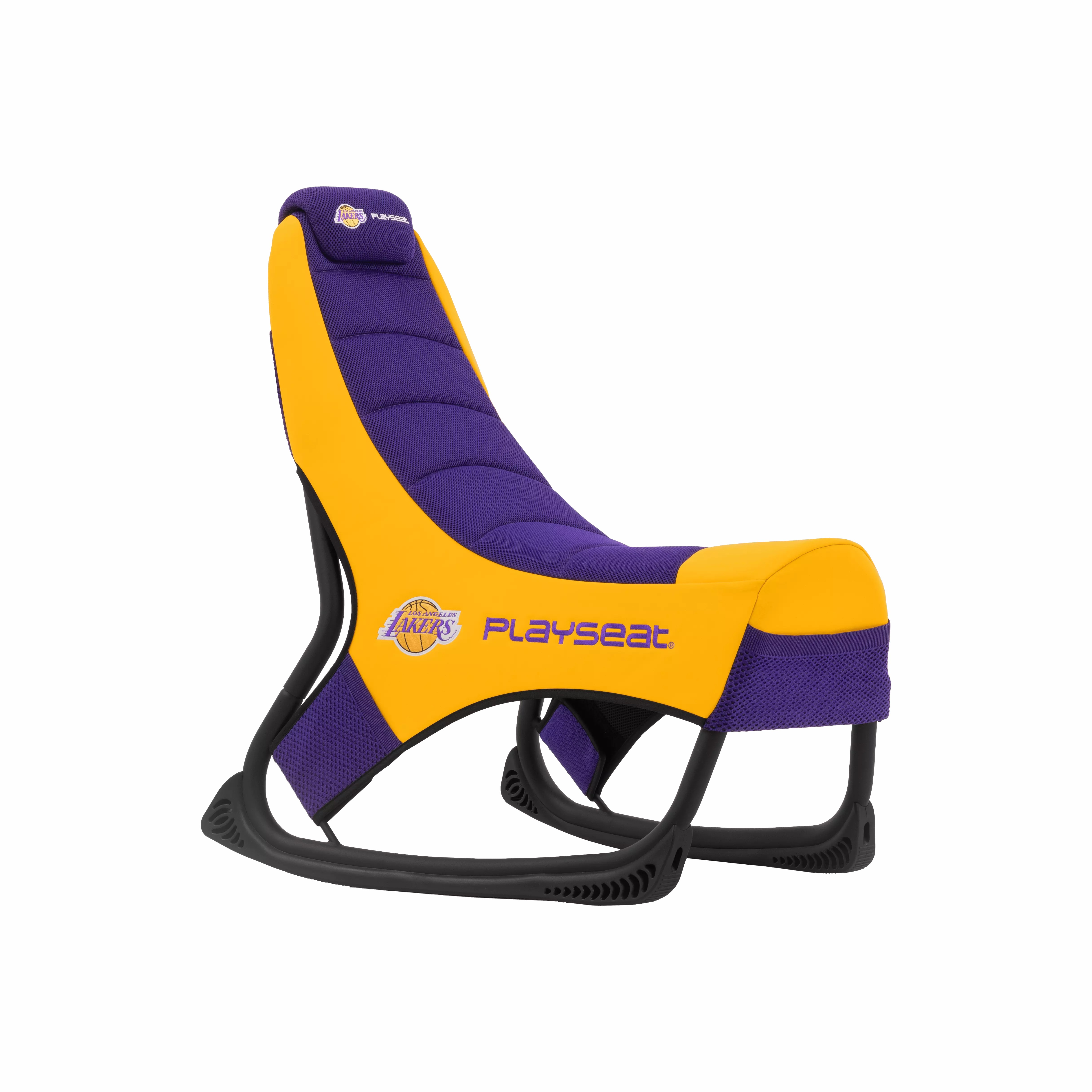 Un fauteuil gamer Playseat violet et jaune des Los Angeles Lakers avec cadre noir.
