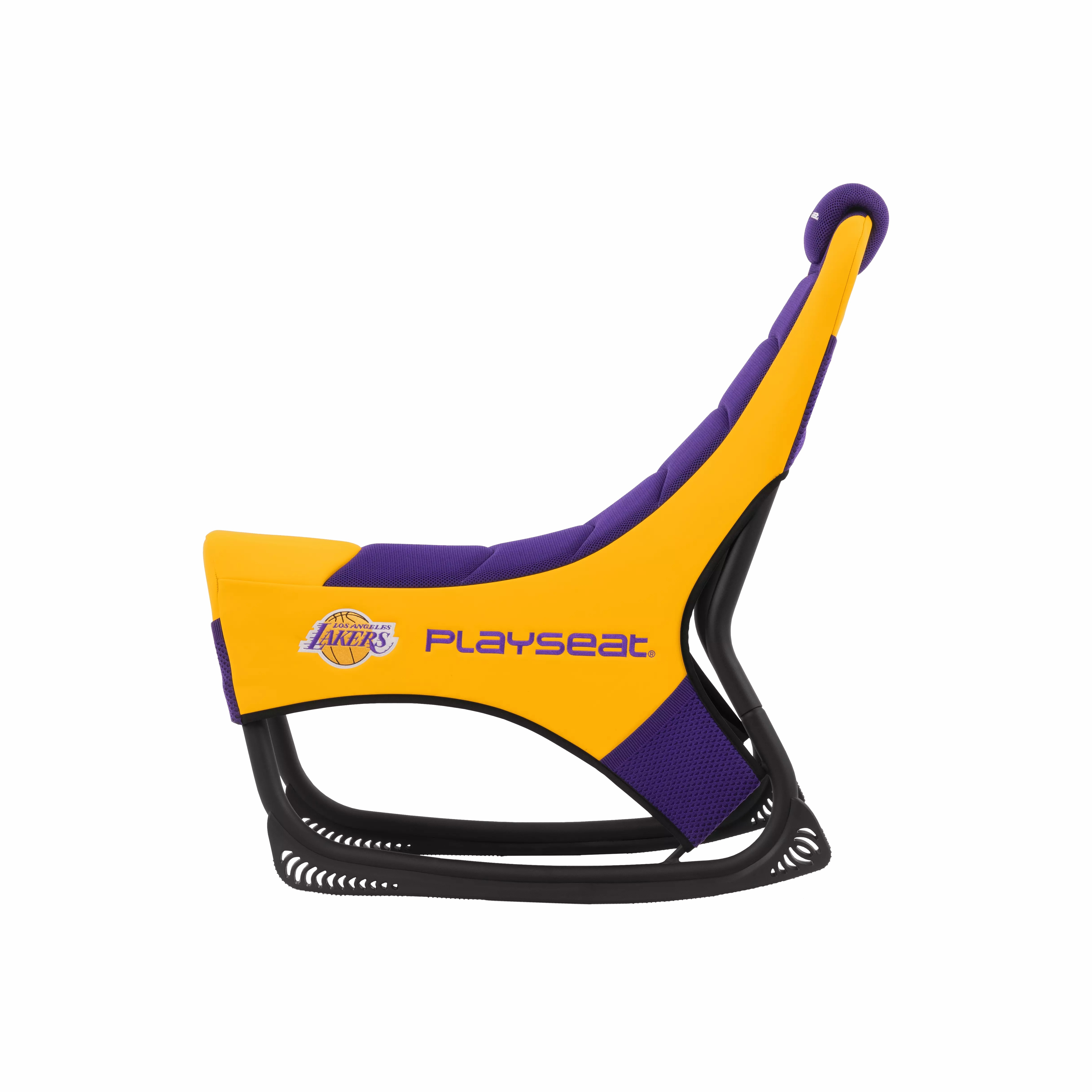 Un siège de course jaune et violet avec le logo des Los Angeles Lakers et le texte "Playseat".