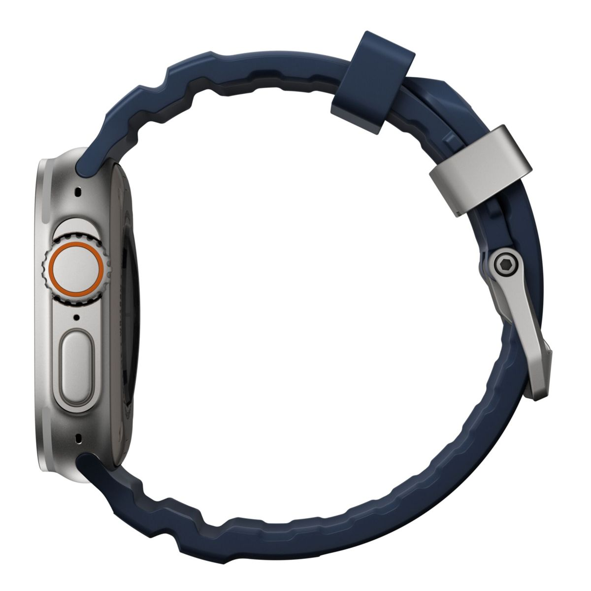Reloj inteligente plateado con banda azul oscuro, mostrando botones laterales y corona.